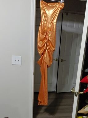Orange Metallic One-Shoulder Ruched Evening Dress